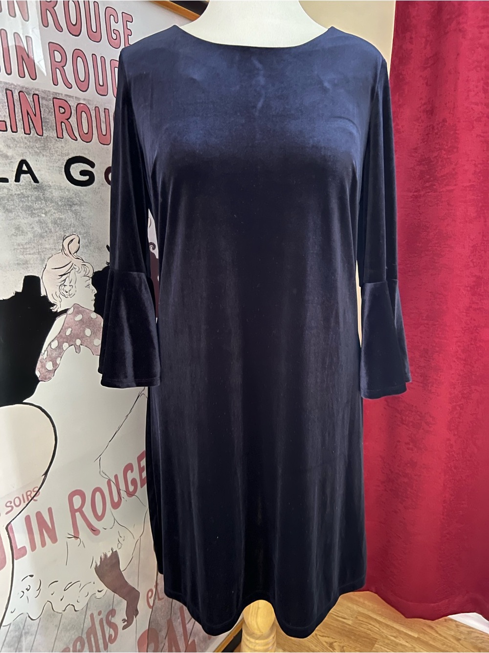 Tommy Hilfiger Navy Blue Velvet 3/4 Bell Sleeve Shift Dress - Size 14